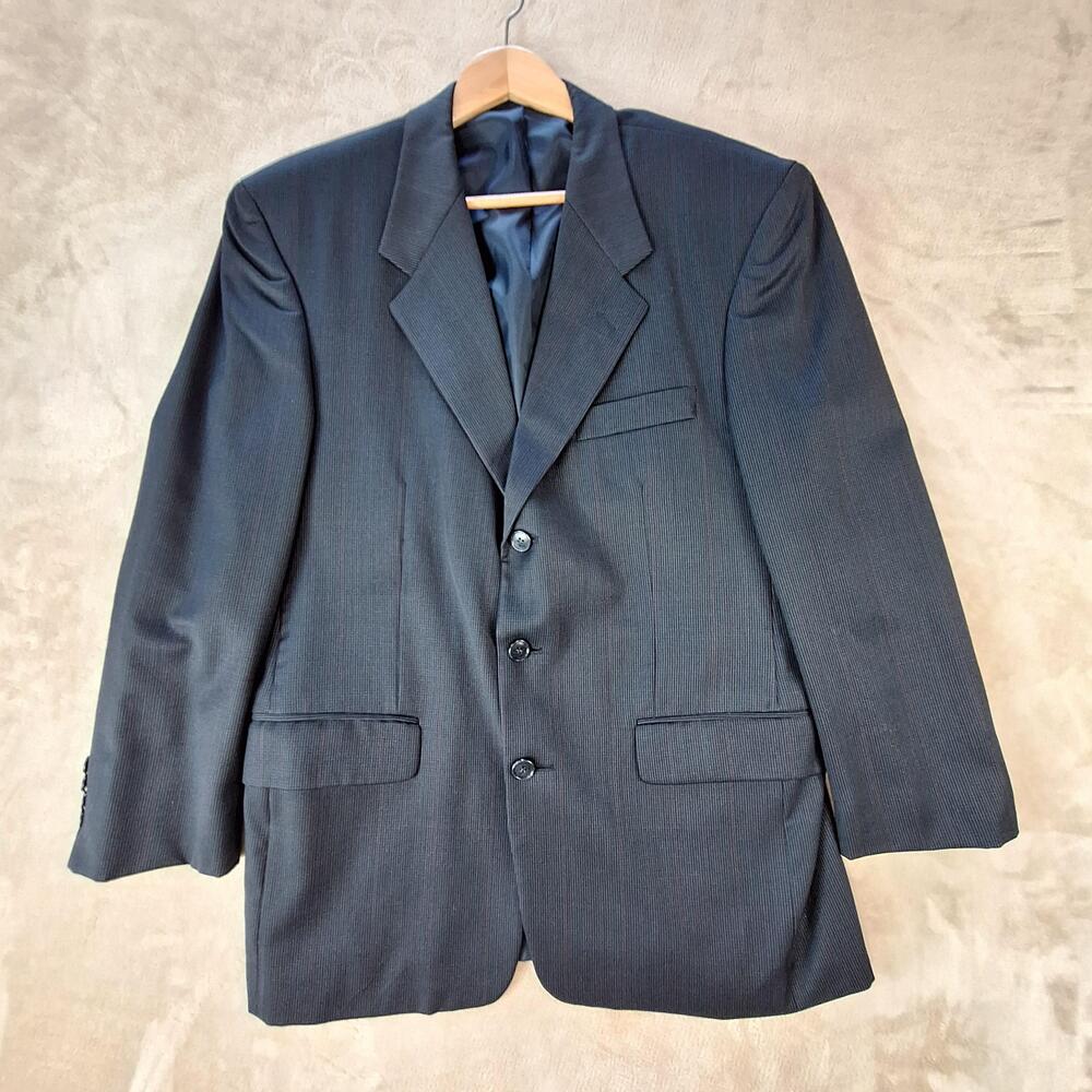Jones New York Suit Jacket Mens 44R Blue Wool Plaid Ventless 3 Button Formal